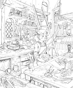 a black and white drawing of a woman working in an art studio