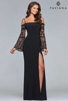 Beaded Bell, Long Jersey Dress, Faviana Prom Dresses, Jersey Evening Dress, Faviana Dresses, Fitted Gown, Black Evening Gown, Mob Dresses