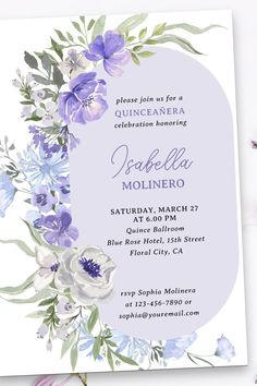 a purple and white floral bridal party card