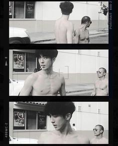 three different shots of a man with no shirt on