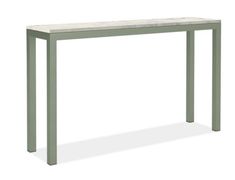 a white marble top and metal frame console table with green legs, viewed from the front