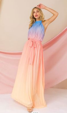 - OMBRE PRINTED PLEATED MAXI DRESS - HALTER NECKLINE, BACK SLIT AND BUTTON CLOSURE - ELASTIC WAIST WITH SASH BELT - FULL LENGTH LINING - 100% POLYESTER, DRESS LENGTH 60" - MODEL WEARING SMALL Flying Tomato Dress, Ombre Maxi Dress, Ankle Dress, Ombre Dress, Flowing Dresses, Flying Tomato, Affordable Dresses, Flowy Maxi Dress, Pleated Maxi Dress