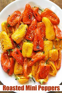 roasted mini peppers in a white bowl on top of a wooden table with text overlay