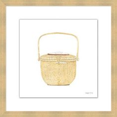 a basket with handles is shown in a gold framed art print by artist michael moore