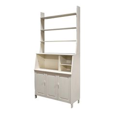 a white bookcase with two doors and drawers on the bottom, one door open