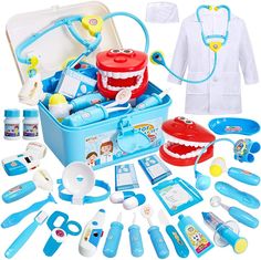 an assortment of children's toys including toothbrushes, dental instruments and more