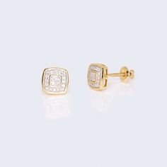 10K Yellow Gold Square Cushion Diamond Studs Earrings Luxury Diamond Earrings With Cushion Cut And Accents, Luxury Rectangular Diamond Earrings With Accents, Luxury Yellow Gold Square Earrings, Luxury Square Earrings For Formal Occasions, Diamond Studs Earrings, Cushion Diamond, Studs Earrings, Diamond Stud Earrings, Square Earrings