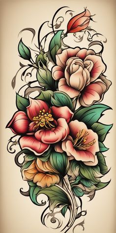 a tattoo design with flowers and leaves on it