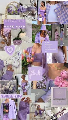 a collage of photos with purple and lavenders on them, including flowers, hearts,