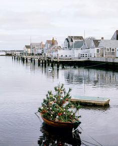 a small boat with a christmas tree in the water next to some houses and docks