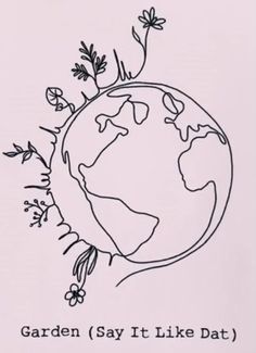 a black and white drawing of the earth with flowers growing out of it's side