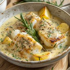 a white bowl filled with fish and potatoes covered in gravy on top of a wooden table