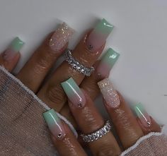 Makeup Looks Mint Green, Mint Green Nails With Rhinestones, Mint Color Nails Acrylic, Nails Light Green Mint, Sage Green Square Acrylic Nails, Miss Green Nails, Light Green Nails With Glitter, Mint Green Square Nails, Mint Blue Nails Acrylic