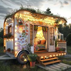 a tiny house is decorated with lights and flowers