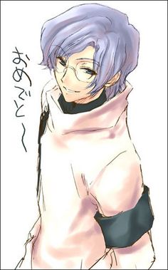 an anime character with purple hair and glasses