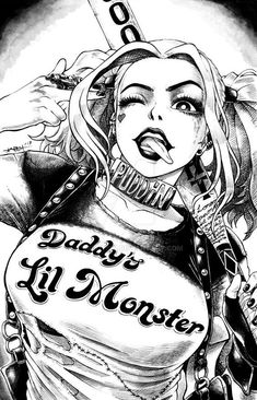 a black and white drawing of a woman holding a knife in her hand with the words daddy