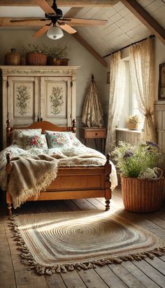 a bed room with a neatly made bed next to a window and a ceiling fan