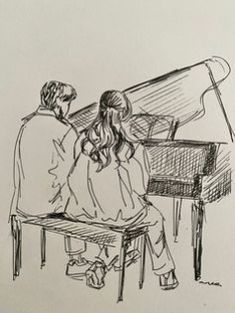 a drawing of two people sitting at a piano