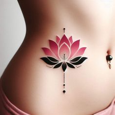 a woman's stomach with a pink and black flower tattoo on the side of her belly