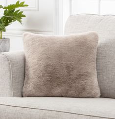 a beige pillow sitting on top of a couch next to a potted plant