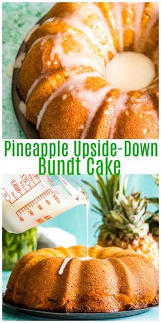 pineapple upside - down bundt cake is being drizzled with icing