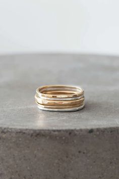 The Outer Sunset Ring Set - Colleen Mauer Designs Sunset Ring, Thick Gold Band, Silver And Gold Ring, Five Rings, Mixed Metal Rings, Diamond Stacking Rings, Stacking Ring Set, Gold Ring Designs, Ring Stack