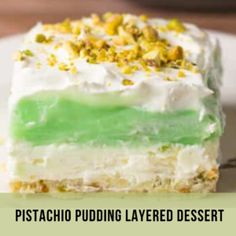 a piece of pistachio pudding layered dessert on a plate