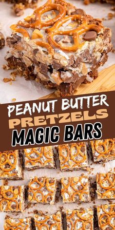 peanut butter pretzels magic bars are stacked on top of each other with the words,