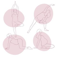 a woman doing yoga poses in four different positions on a white background with pink circles around her