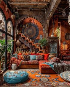 a living room filled with lots of colorful furniture