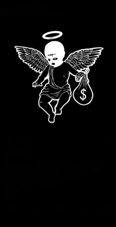 an angel with money bags on it's back in the dark, flying through the air