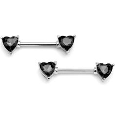 14 Gauge 9/16" Black Gem Hearts of Love Barbell Nipple Ring Set. Some people are afraid of the dark....and some people love it. If you fall into the latter category, these 14 gauge nipple piercings are meant for you. They're 14mm long for comfort and feature heart shaped black gems at the ends. And they're made of durable 316L surgical grade stainless steel straight barbells so you know they're meant to last. The darkness always passes but these beauties will be around for a long time! Sold as a Jodie Outfits, Pregnancy Belly Rings, Horseshoe Jewelry, Helix Piercing Jewelry, Cute Piercings, Black Gems, Flat Back Earrings