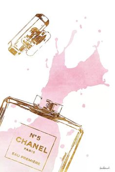 chanel no 5 perfume bottle with pink paint splattered on the wall behind it