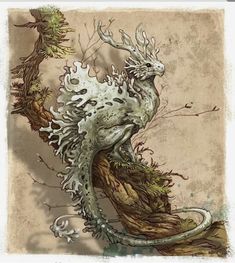 an artistic drawing of a dragon sitting on top of a tree stump with its tail curled up