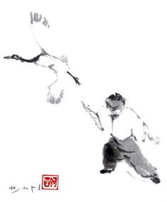 an ink drawing of a man flying a kite