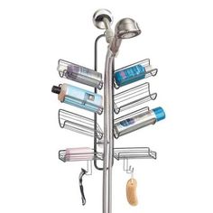 a shower caddy with various items hanging from it