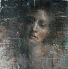 an abstract painting of a woman's face and shoulders, with multiple layers of paint overlaying the image