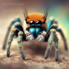 a close up of a blue and orange spider