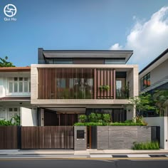 a modern house with wooden slats on the front