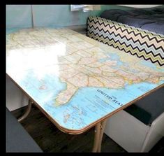 a table that has a map on it