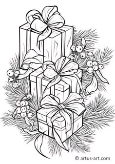 christmas presents with bows and pine cones coloring page for kids to print out on the table