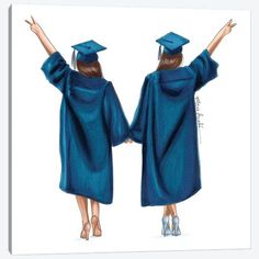 two women in blue graduation gowns are facing each other and one is holding her arms out