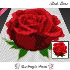 a red rose with green leaves is shown in this cross - stitch pattern, and it has