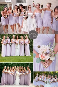 the bridesmaids are all dressed in lavender dresses