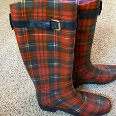 Plaid Rl Boots, Never Worn Vintage Red Winter Boots, Red Round Toe Rain Boots For Outdoor, Plaid Duck Boots, Hunter Boots Red, Red Rain Boots, Ralph Lauren Shoes, Rain Boots, Red Blue, Red And Blue