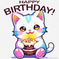 a happy birthday card with a cartoon cat holding a lit candle in it's paws