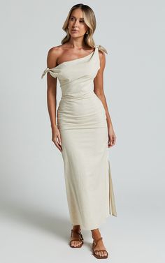 Cincinnati Midi Dress - Off The Shoulder Side Split Column Linen Look Dress in Beige | Showpo USA Cheap Cream Midi Dress For Spring, Cheap Cream Midi Dress For Brunch, Luxury Spring Midi Dress With Asymmetrical Neckline, Affordable Elegant Midi Dress With Asymmetrical Hem, Luxury Short Sleeve Maxi Dress With Side Slits, Luxury Spring Midi Dress With Ruched Back, Luxury Fitted Short Sleeve Midi Dress, Affordable Flowy Beige Midi Dress, Luxury Summer Midi Dress With Asymmetrical Hem