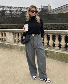 Grey Trousers Casual Outfit, Nike Office Outfit, Fall Fashion Classic Style, Nike Dunks Business Casual, Nike Dunk Work Outfit, Grey Pinstripe Trousers Outfit, Office Outfit With Sneakers, Low Dunks Outfit Woman, Nike Dunk Aesthetic