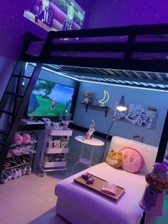 a bedroom with a bunk bed and purple lighting in the ceiling is lit up at night