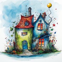 a watercolor painting of two houses with balloons in the air